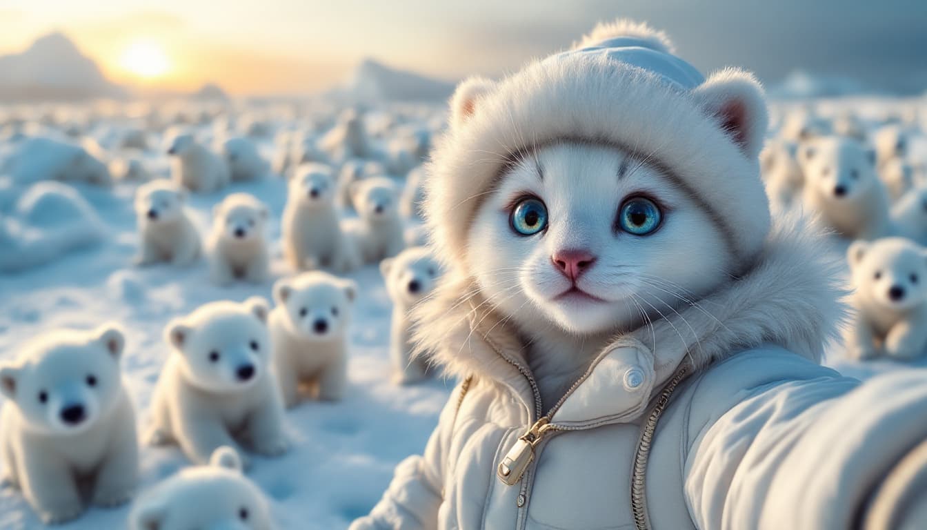 AI generated: anthropomorphic, a cat named  In the snow, there is an ice field with many polar bears standing on i...