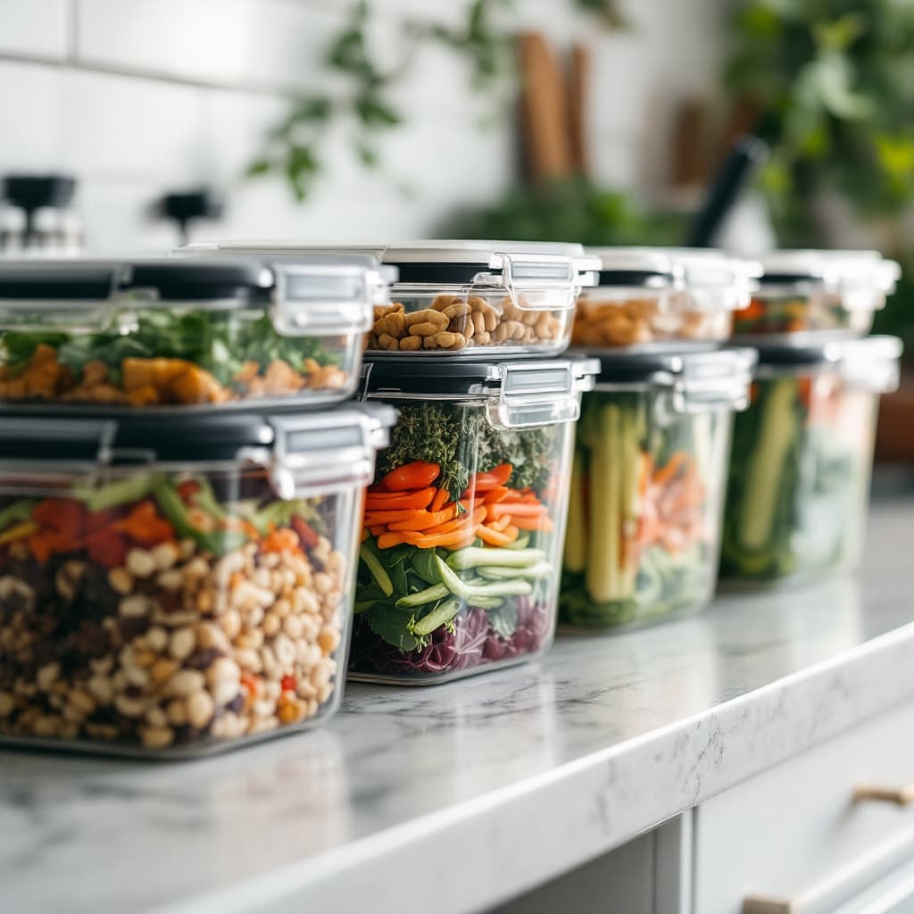 AI generated: A set of meal prep containers lined up on a counter, illustrating organized batch cooking dslr, ultr...