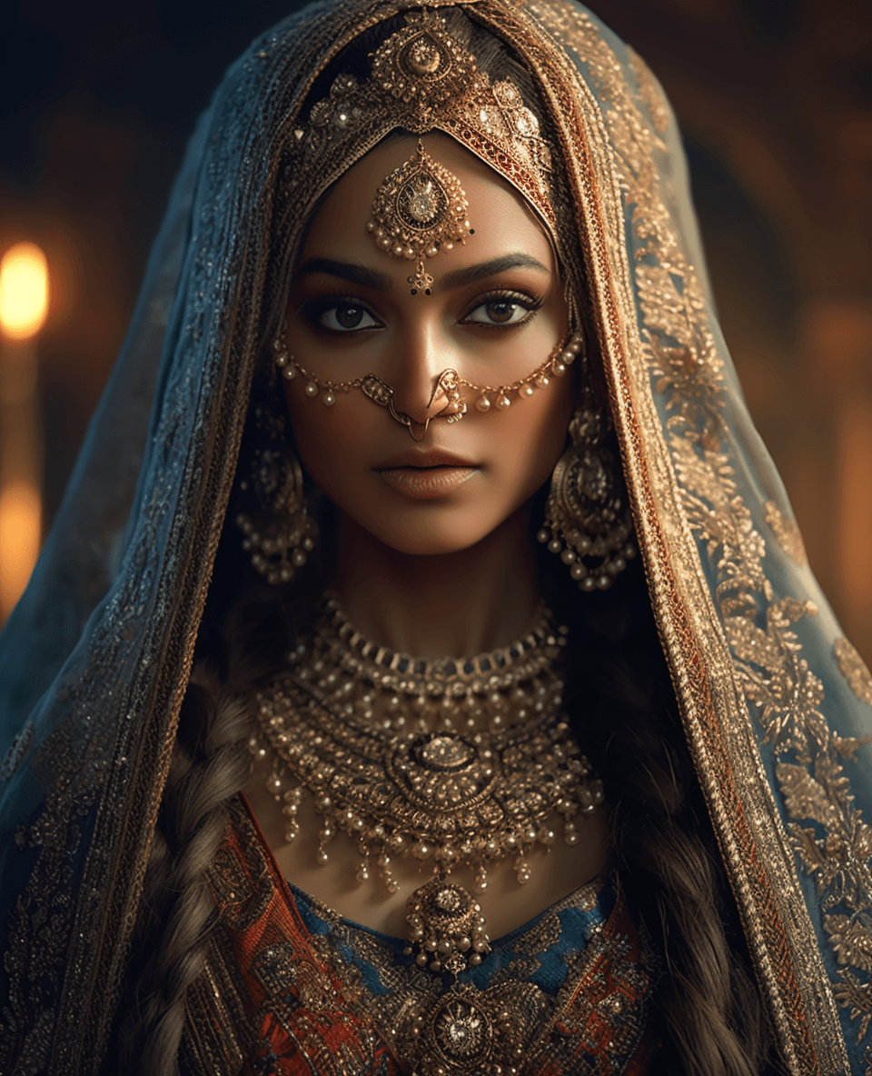AI generated: beautiful indian princess, gorgeous, close-up portrait, intricate, elegant, volumetric lighting, sce...