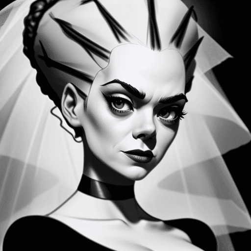 AI generated: Emma Stone, as The bRIDE OF FRANKENSTEIN, BLACK AND WHITE, sketch, disney character