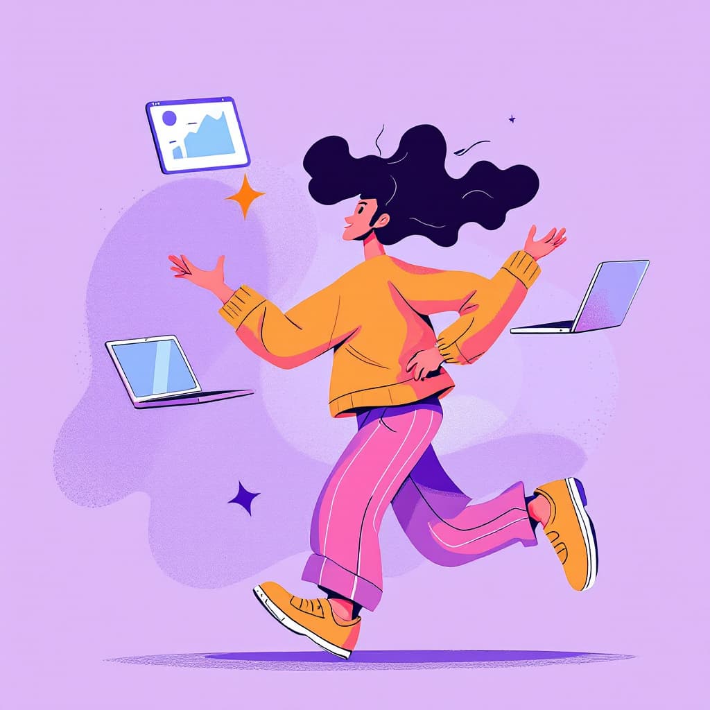 AI generated: A modern, flat-style digital illustration of a dynamic character in motion, balancing technology lik...