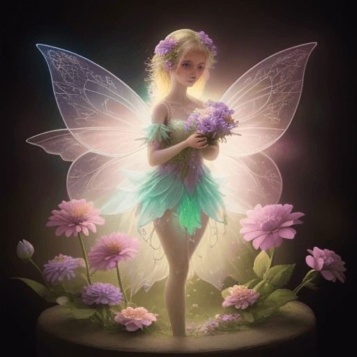 AI generated: fairy with flowers, pastel colors, extremely detailed, lights, glow, flowers