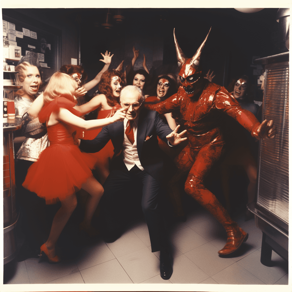 AI generated: photo of short male devil dancing with tall female witches in the dance floor of disco, photo realis...