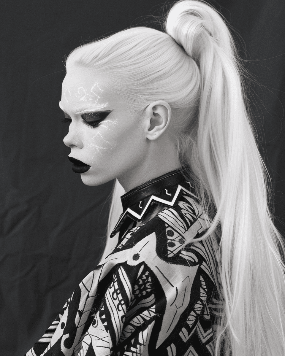 AI generated: A beautiful albino woman with long white hair, pale skin and black eyes, wearing an outfit made of e...