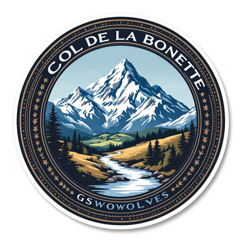 AI generated: a image of a sticker of a medal using as theme the "Col de la Bonette" without Hintergrund and with ...