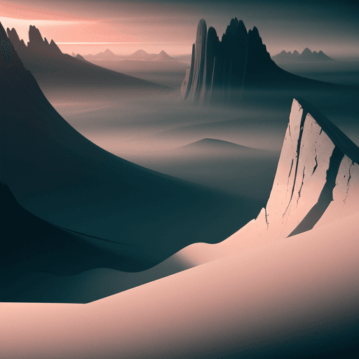 AI generated: Photo of a dreamy minimalist landscape, abstract shapes, dramatic light, pale sunrise, battered, low...