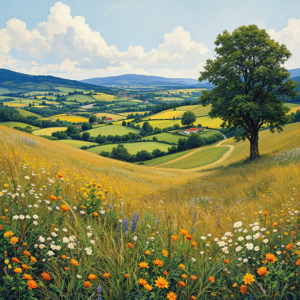 AI generated: A peaceful countryside scene with rolling hills and wildflowers, painted in the style of Van Gogh.Lu...