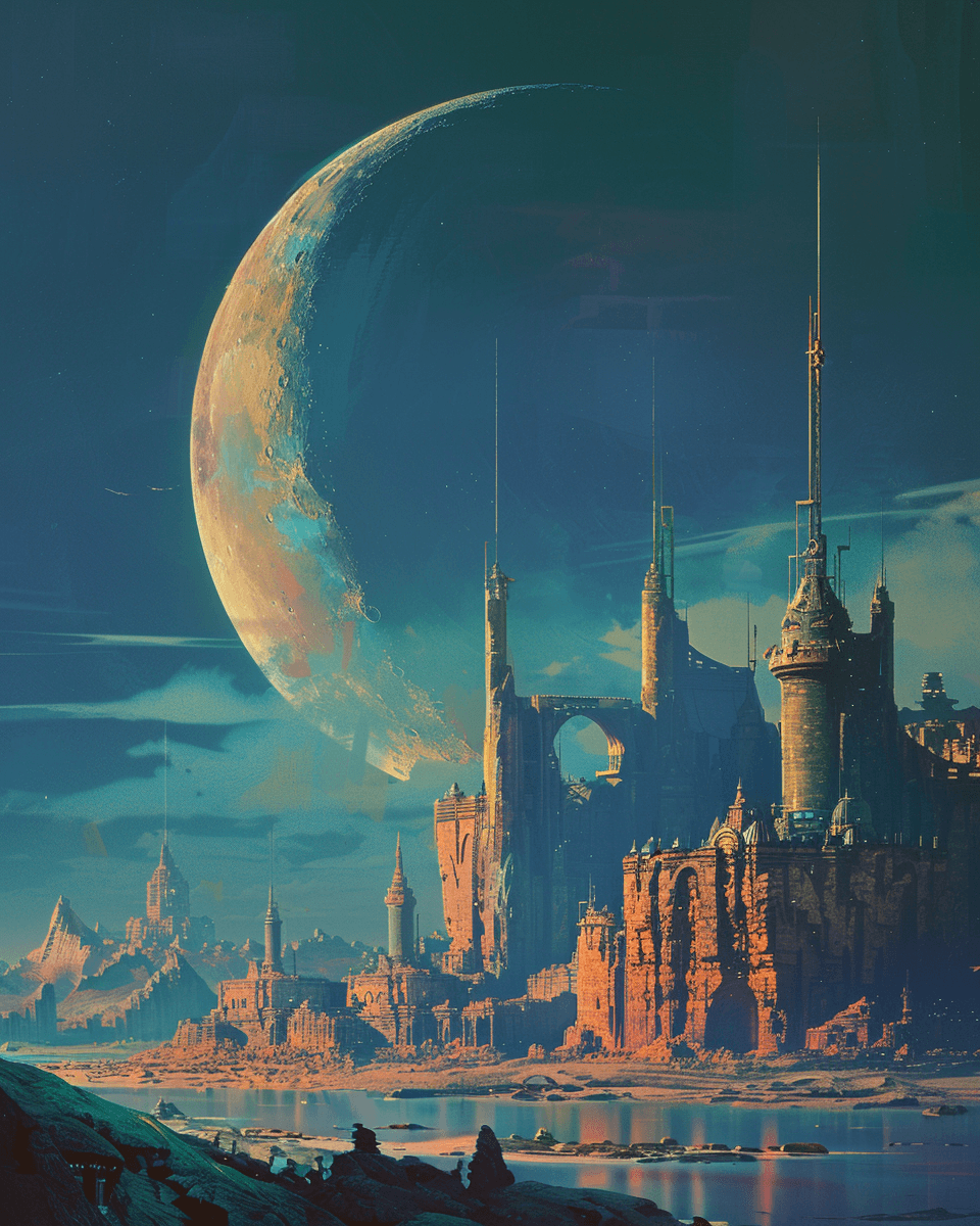 AI generated: A colorful crescent moon over an alien city, in the style of Roger Dean and Jean Giraud. --ar 51:64