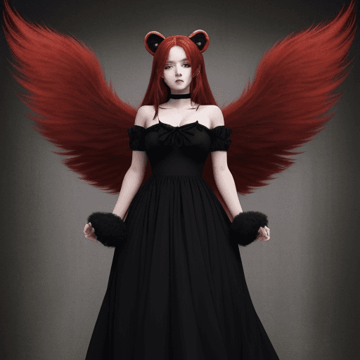 AI generated: A beautiful mesmerizing anime woman. With red hair. She has teddy bear ears and red wings holding a ...