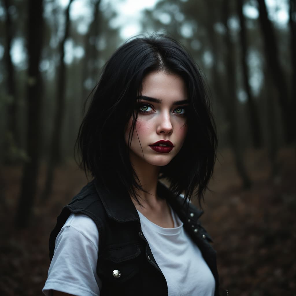 AI generated: 20 year old black haired girl, shoulder length black hair, stunning green eyes. wearing vest and sta...
