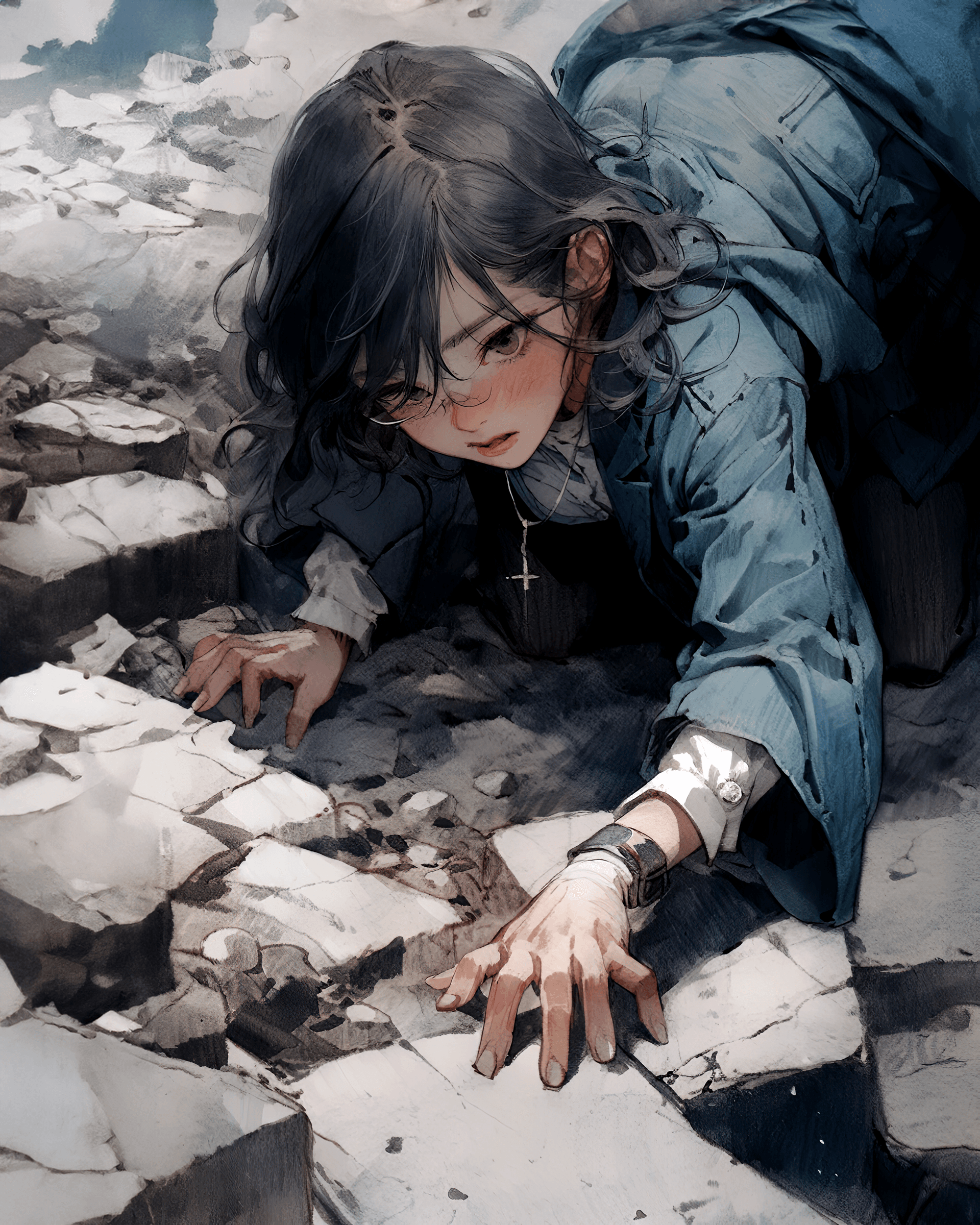 AI generated: the girl is reaching out on the ground, in the style of detailed comic book art, subtle coloring, re...