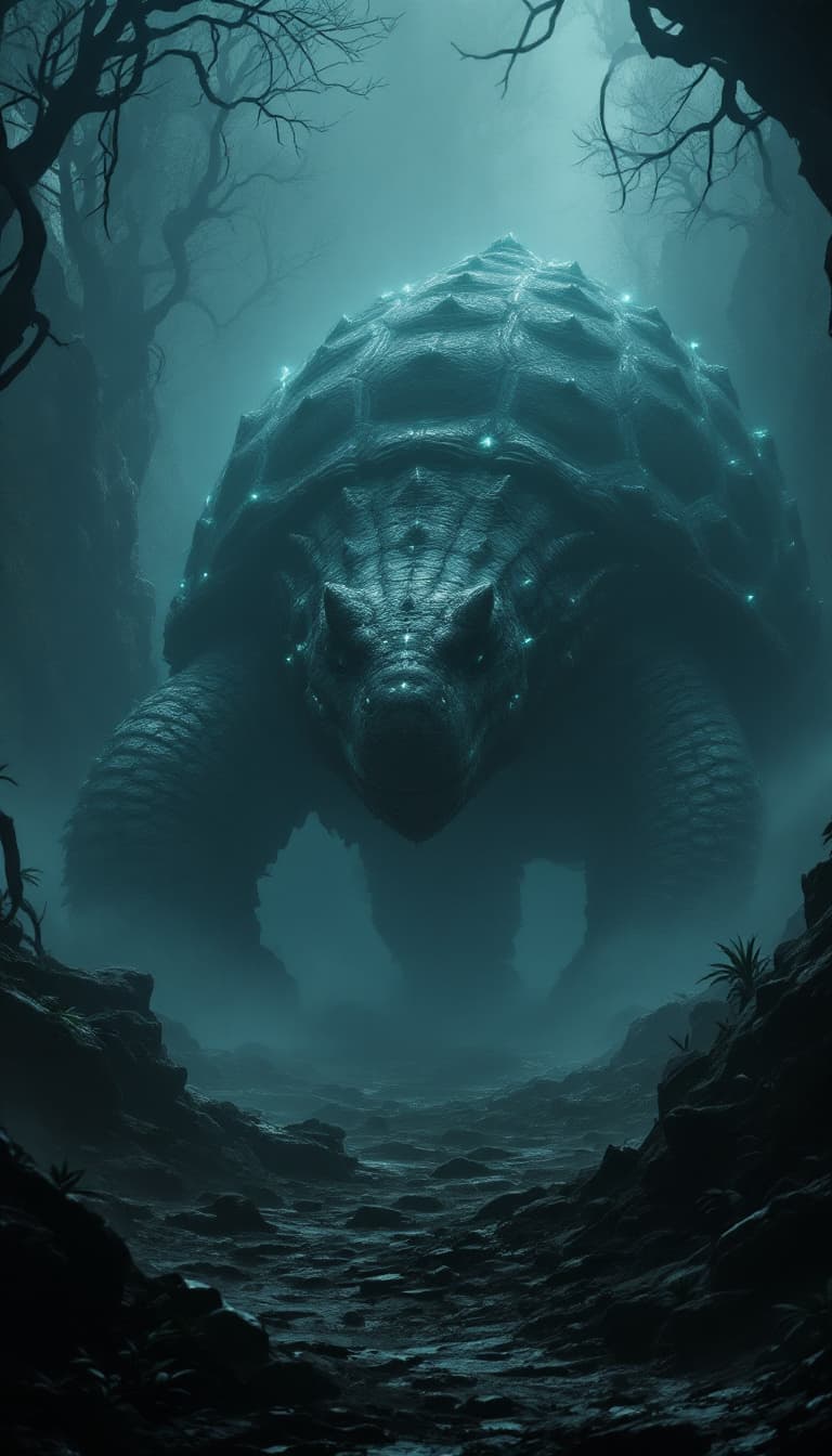 AI generated: A giant Glyptodon, an ancient armored mammal, slowly traversing a dark, foggy prehistoric landscape....