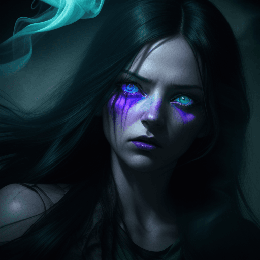 AI generated: Photo of a woman with blue eyes and long black hair, dramatic light, colorful smoke, cinematic light...