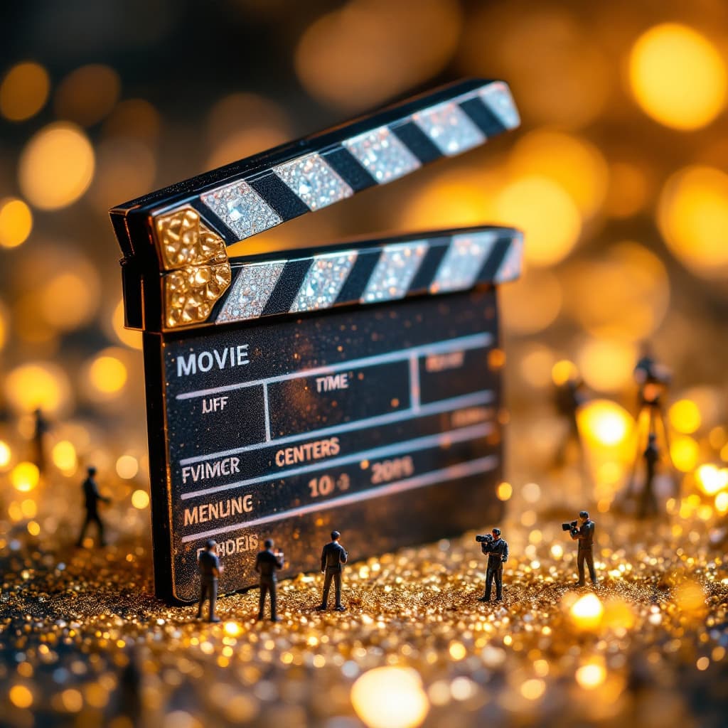 AI generated: A movie clapper placed encrusted in diamond placed  on refined gold dust . Add a miniature film crew...