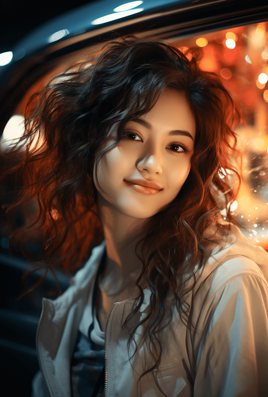 AI generated: a young woman smiling in front of a white car, in the style of yuumei, uhd image, portraits with sof...