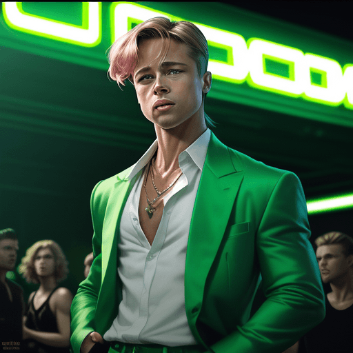 AI generated: Martin Ansin style, light green and light emerald green, young Brad Pitt in the background, with the...