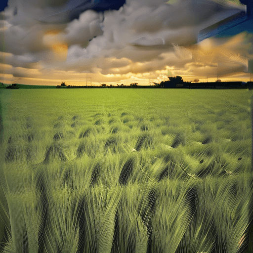 AI generated: Wheat field, a farmer uncle with a straw hat standing in a wheat field, big clouds, blue sky, rice f...