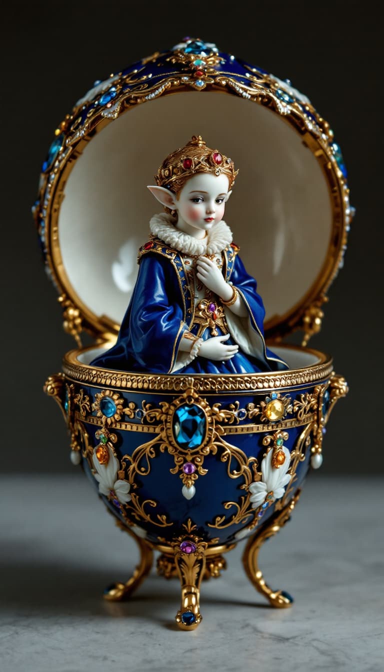AI generated: An elegant Fabergé Egg opened, containing a golden elf figurine, in Renaissance style, adorned with ...
