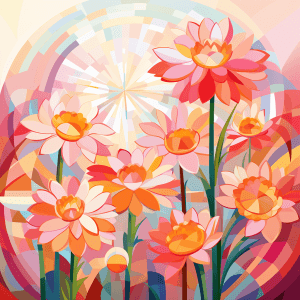 AI generated: A geometric vector of flowers blooming, with vibrant color patterns, in shades of pink and orange, i...