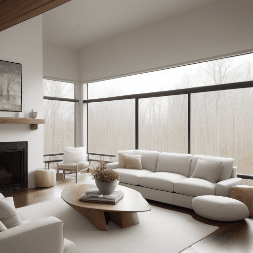 AI generated: This living room embodies a warm, inviting, and modern aesthetic. The space is filled with natural l...