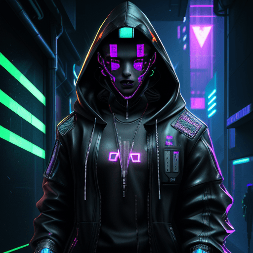 AI generated: Hyperrealistic full-length portrait of a futuristic hooded male cyberpunk hacker | in a neon-lit cyb...