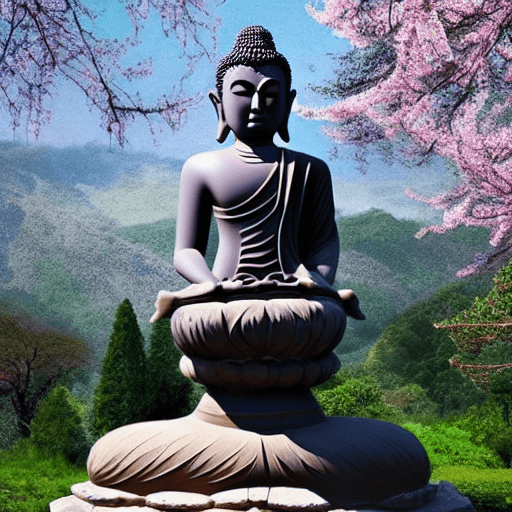 AI generated: The Buddha have a great body and muscular,background moutains and thousand years old cherry bloosom ...