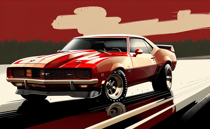 AI generated: red Chevrolet Camaro 1973 type LT full bumper red with creamy stripes, driving, in the style of sam ...