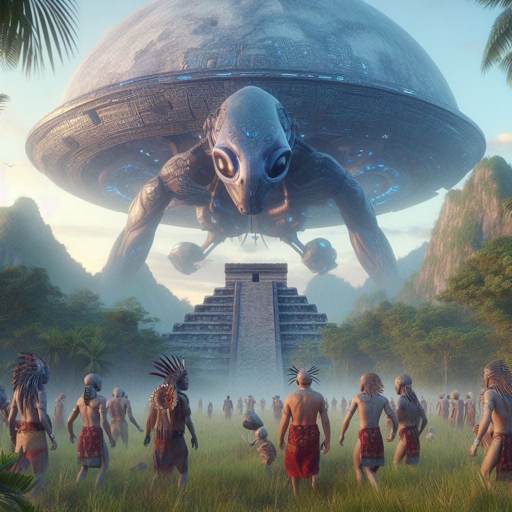 AI generated: Alien race meets Mayans, awe-inspiring mood, photorealistic