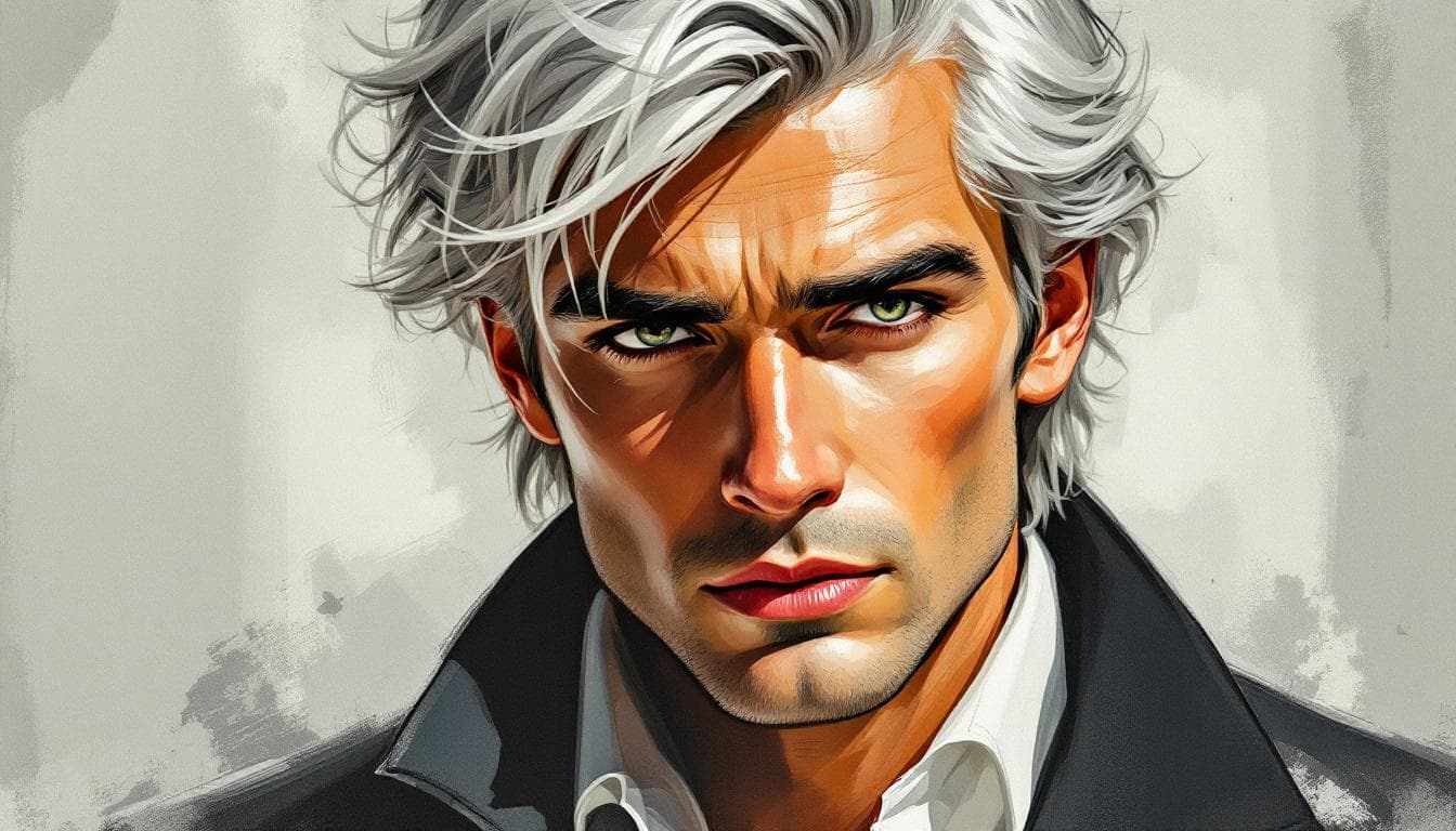 AI generated: Vintage fashion poster of an elegant man with silver hair, drawn in the style of Paul Kenton, cool t...