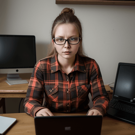 AI generated: 32 year old russian girl, lumberjack shirt, sitting in front of computer, glasses, rawboned
