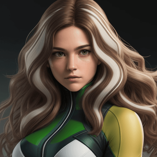 AI generated: Rogue (X-Men), wavy brown hair with white highlights near face, photo realistic, high detail, green ...