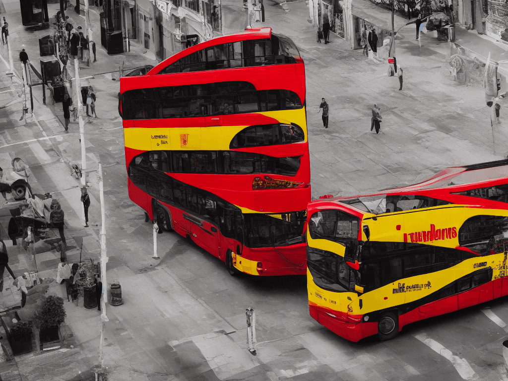 AI generated: A bus colored in black, red and yellow from top to bottom.
photorealistic, cinematic