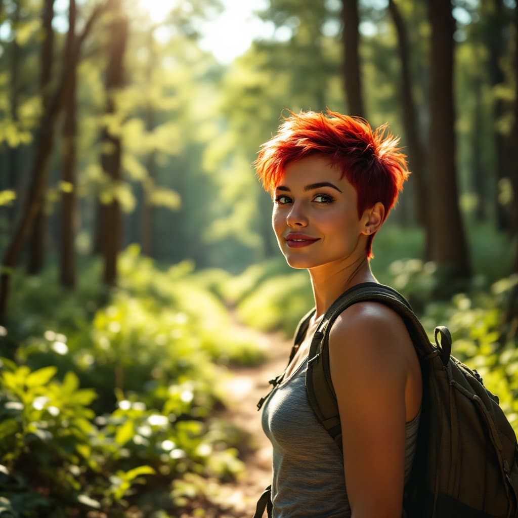 AI generated: A stunning real-life photo of an Instagram influencer with bright red pixie cut hair enjoying a hike...