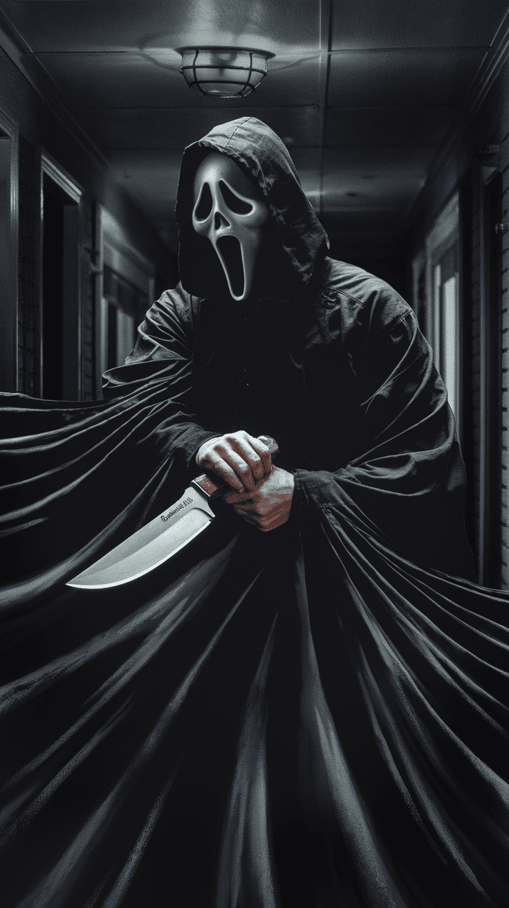 AI generated: “Epic, photorealistic full-body image of Ghostface, standing menacingly in a dimly lit suburban hall...