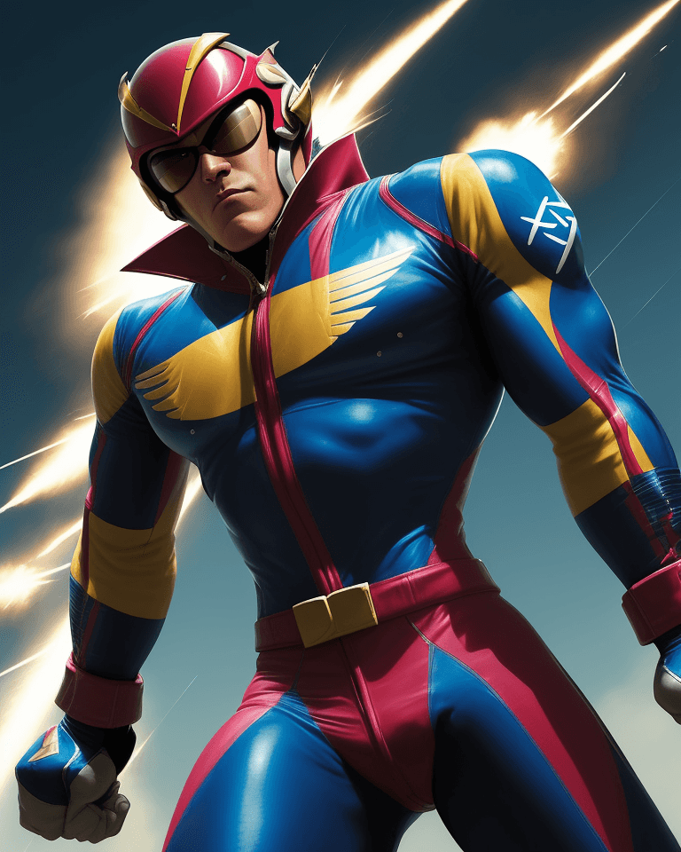 AI generated: magine Captain Falcon, the legendary F-Zero pilot, in all his glory and determination. Capture the s...