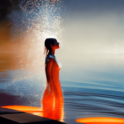 AI generated: A woman stands with her back and side profile visible, surrounded by splashing water. She is illumin...