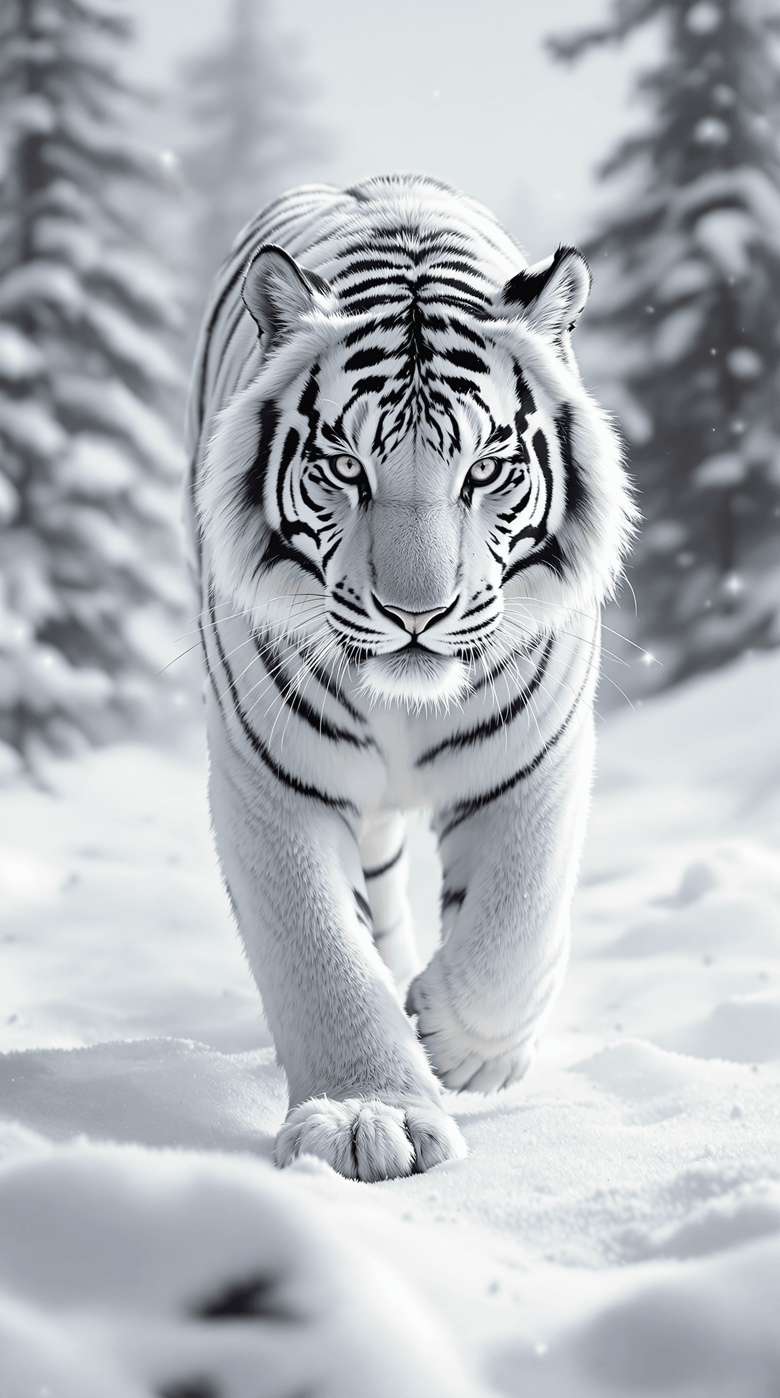 AI generated: A **photorealistic black and white image** of a **majestic white tiger** gracefully walking through ...