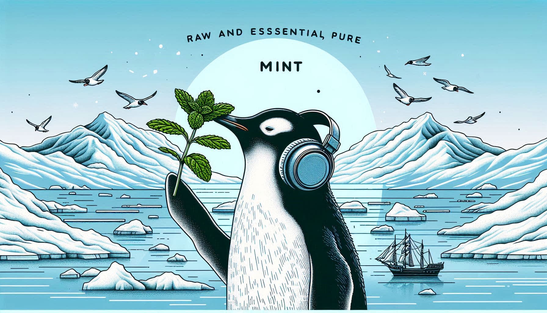 AI generated: a penguin with headphones sniffing a mint leaf with raw and essential, pure line art style and icy l...