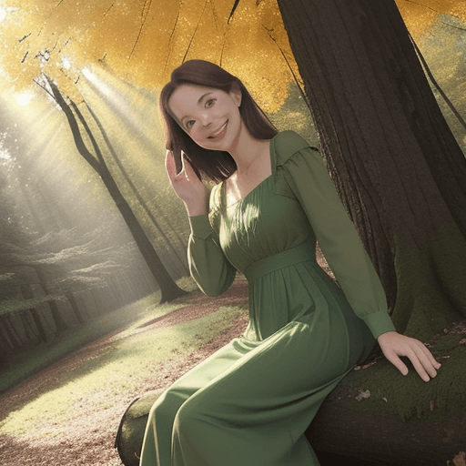 AI generated: autumn girl in a green dress sits in the autumn forest under a tree, smiles and says hello. the sun ...