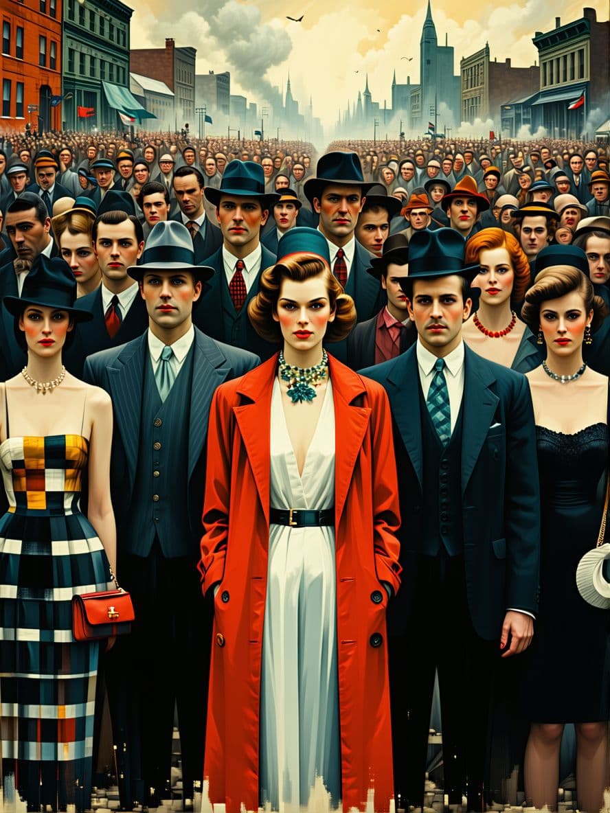 AI generated: a fashion-diverse crowd of men and women stand together facing the viewer. it is the 1930's. The bac...