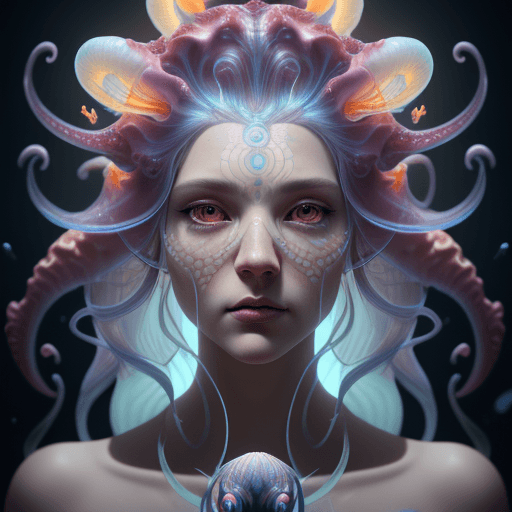AI generated: Goddess close-up portrait ribcagel. jellyfish phoenix head, nautilus, orchid, skull, betta fish, bio...