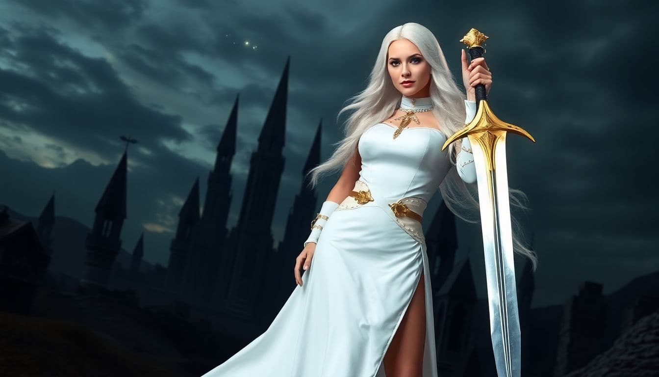 AI generated: a woman in a white dress holding a sword, with a fantasy landscape in the background. The woman has ...