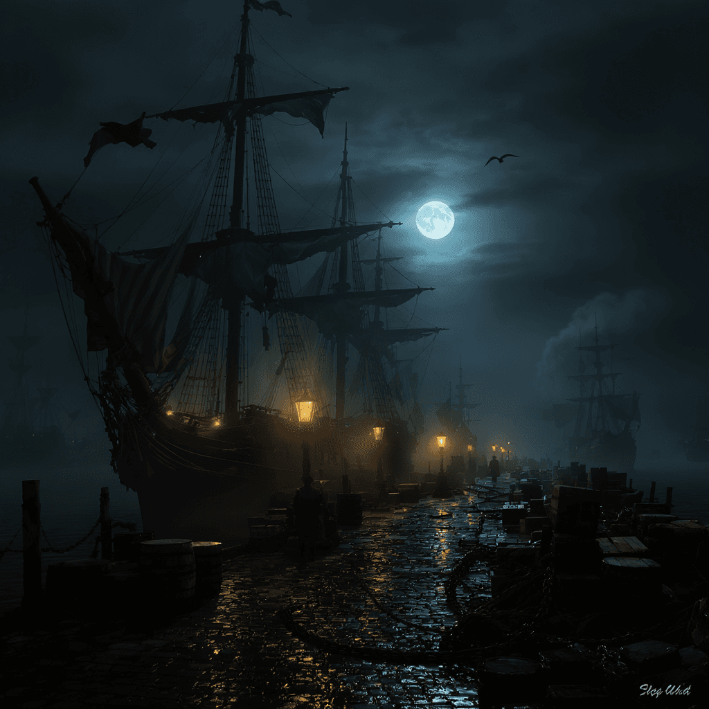 AI generated: Dark eerie European harbor at night inspired by 'Sweeney Todd: The Demon Barber of Fleet Street', 19...