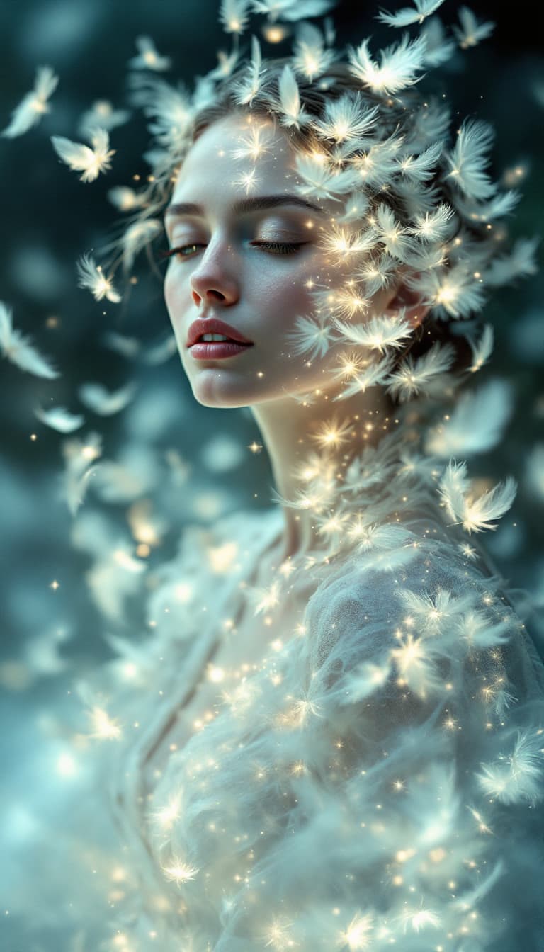AI generated: An ethereal, three-quarter portrait of a woman, her body seemingly dissolving into a swarm of lumino...