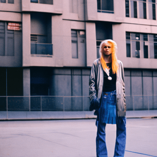 AI generated: Street style photo of a grunge style woman in the streets of 1990 Manhattan standing in front of a s...