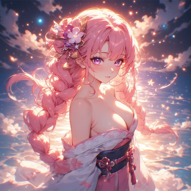 AI generated: anime art of Mitsuri Kanroji, covered nipples, chromatic aberration, glow, perfect face, curvy body,...