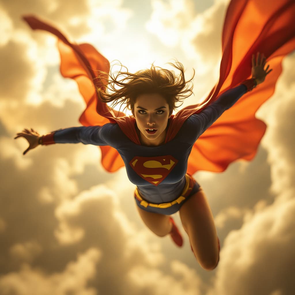 AI generated: a flying women wearing superment costumes
