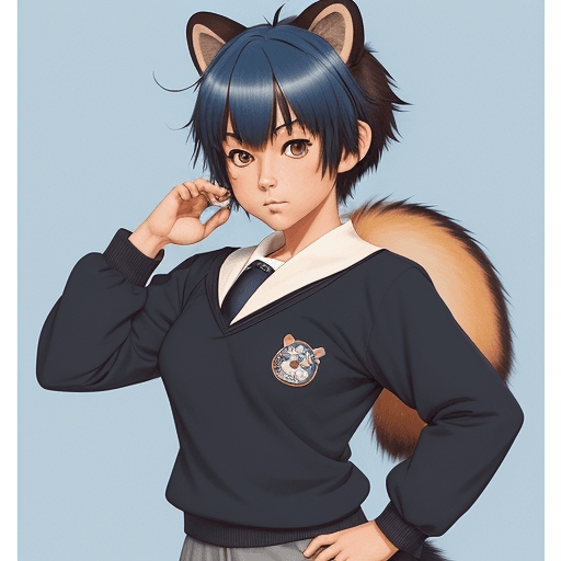 AI generated: Tanuki girl, Michiru Kagemori, animal ears, pixie cut blue hair, brown furry skin, bushy tail, black...
