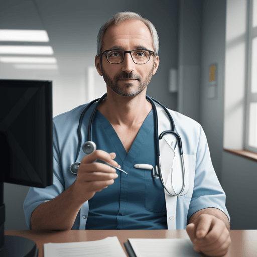 AI generated: a photograph of a professor about 40 years old looking at the camera he is talking to the camera he ...