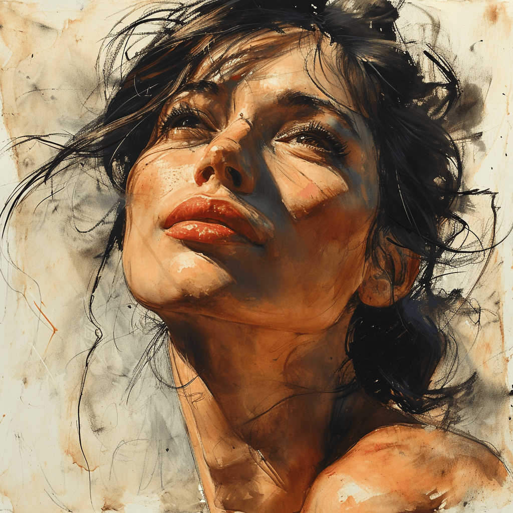 AI generated: Rough charcoal sketch on old paper, beautiful female figure, seductive pose, clean line art --ar 1:1...